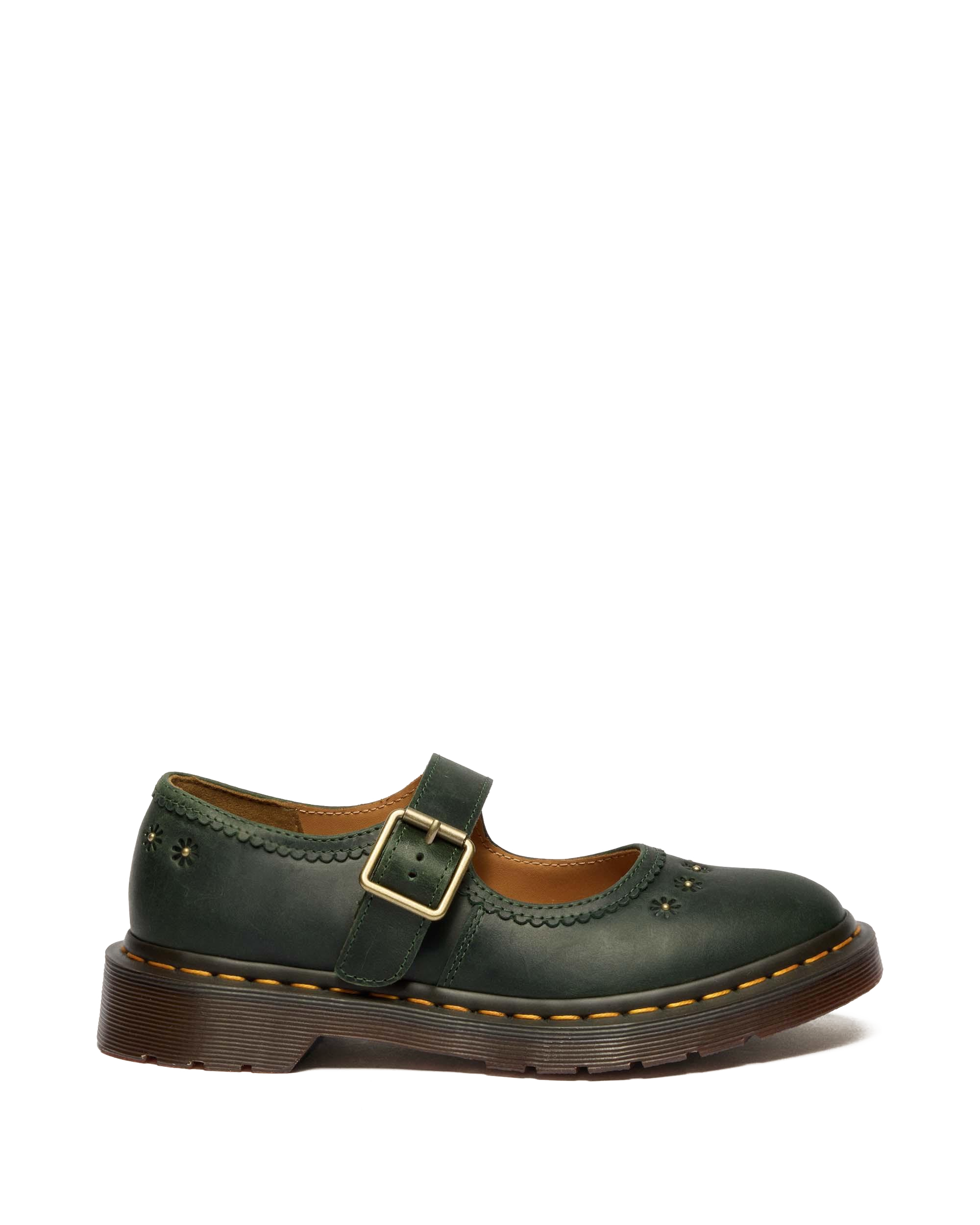 Mary Jane Flower Crazy Horse Leather Shoes in DMs Green | Dr. Martens™