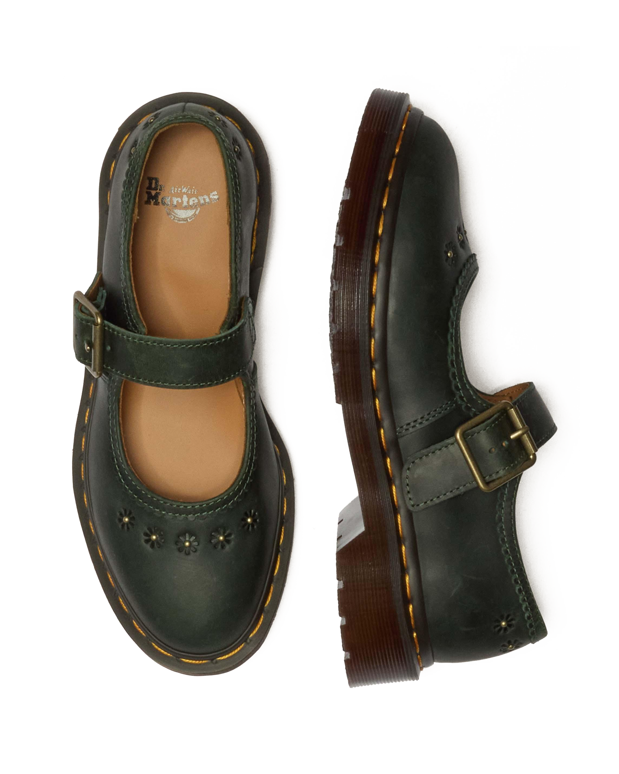 Mary Jane Flower Crazy Horse Leather Shoes in DMs Green | Dr. Martens™