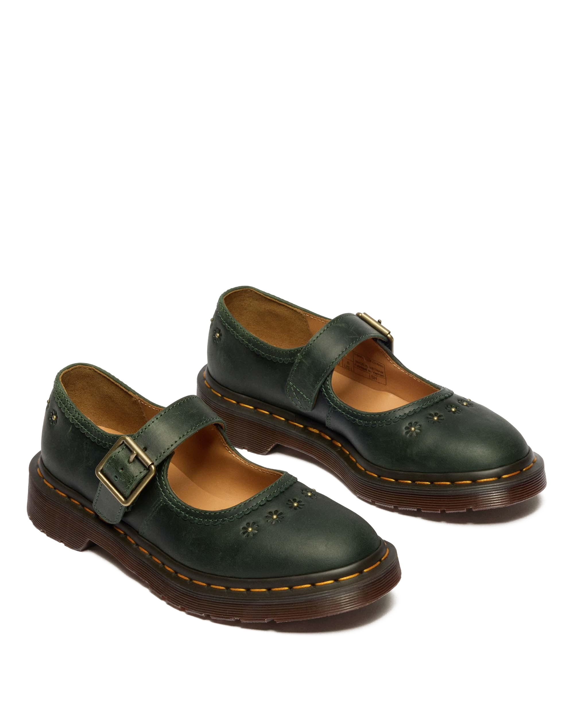 Mary Jane Flower Crazy Horse Leather Shoes in DMs Green | Dr. Martens™