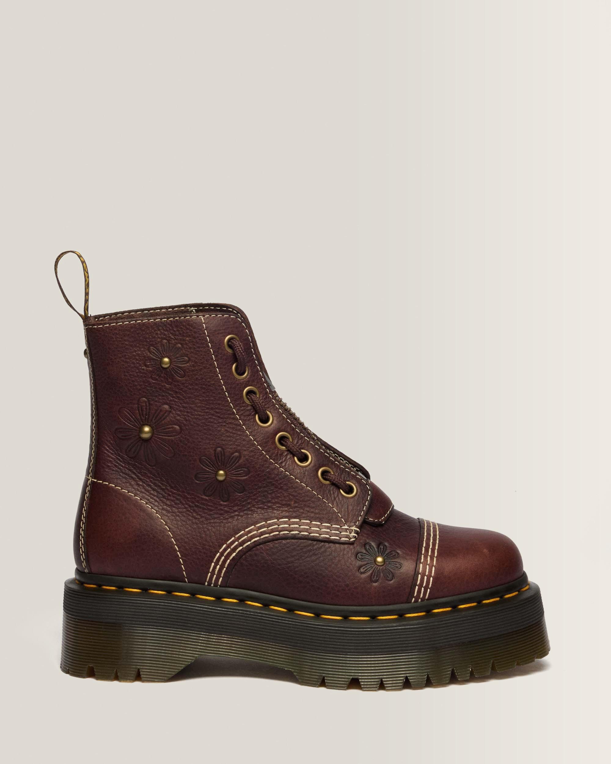Dr. Martens ブラウン レザー ブーツ Sinclair Flower Grizzly Leather Platform Boots in Dark Brown | Dr