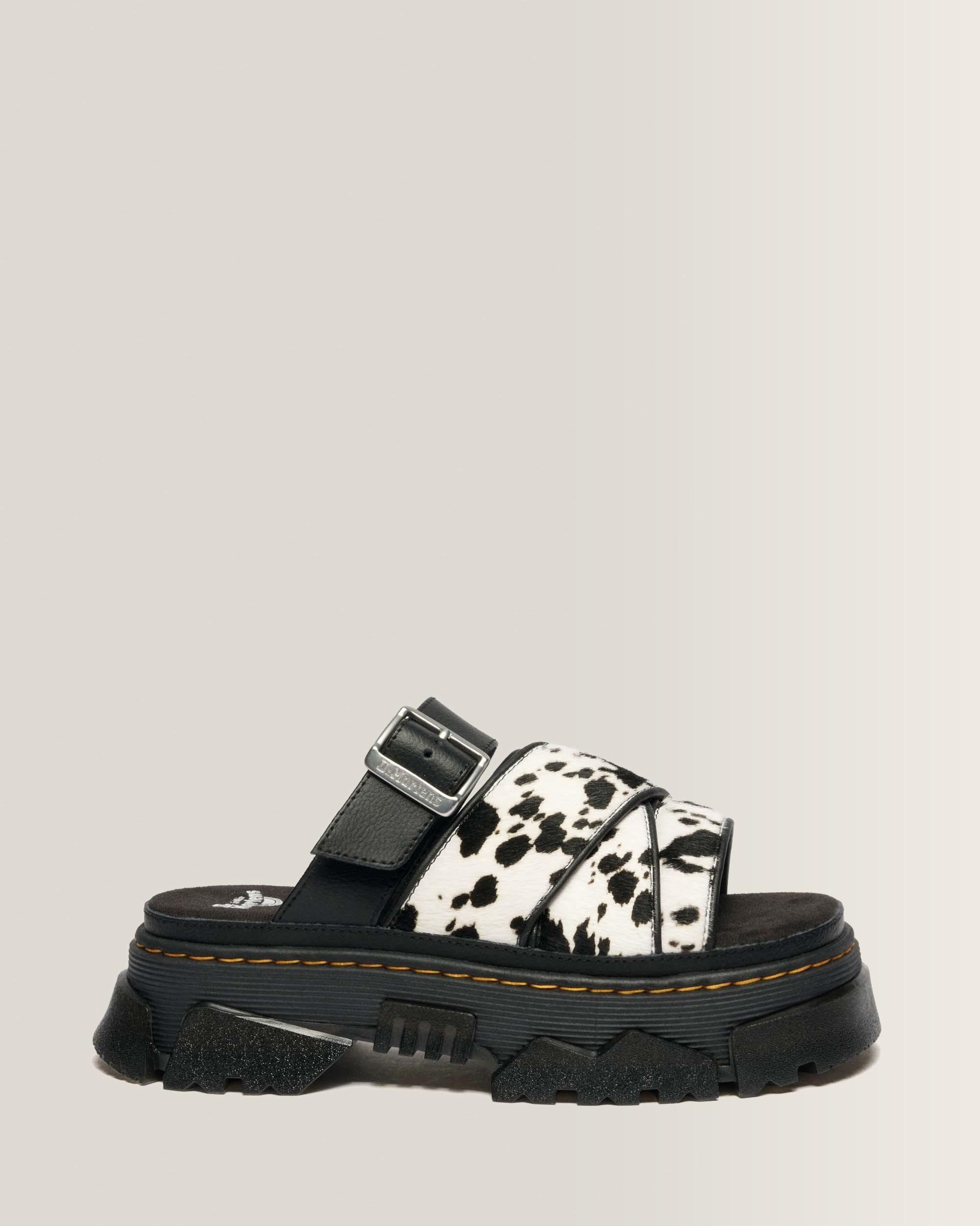 Mattison Slide Dalmatian Hair On Leather Sandals in Cream+black