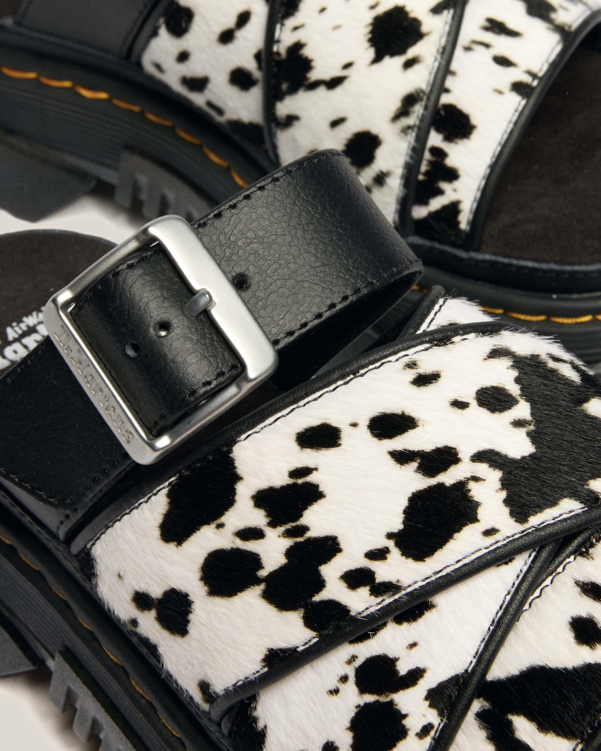 Mattison Slide Dalmatian Hair On Leather Sandals in Cream+black