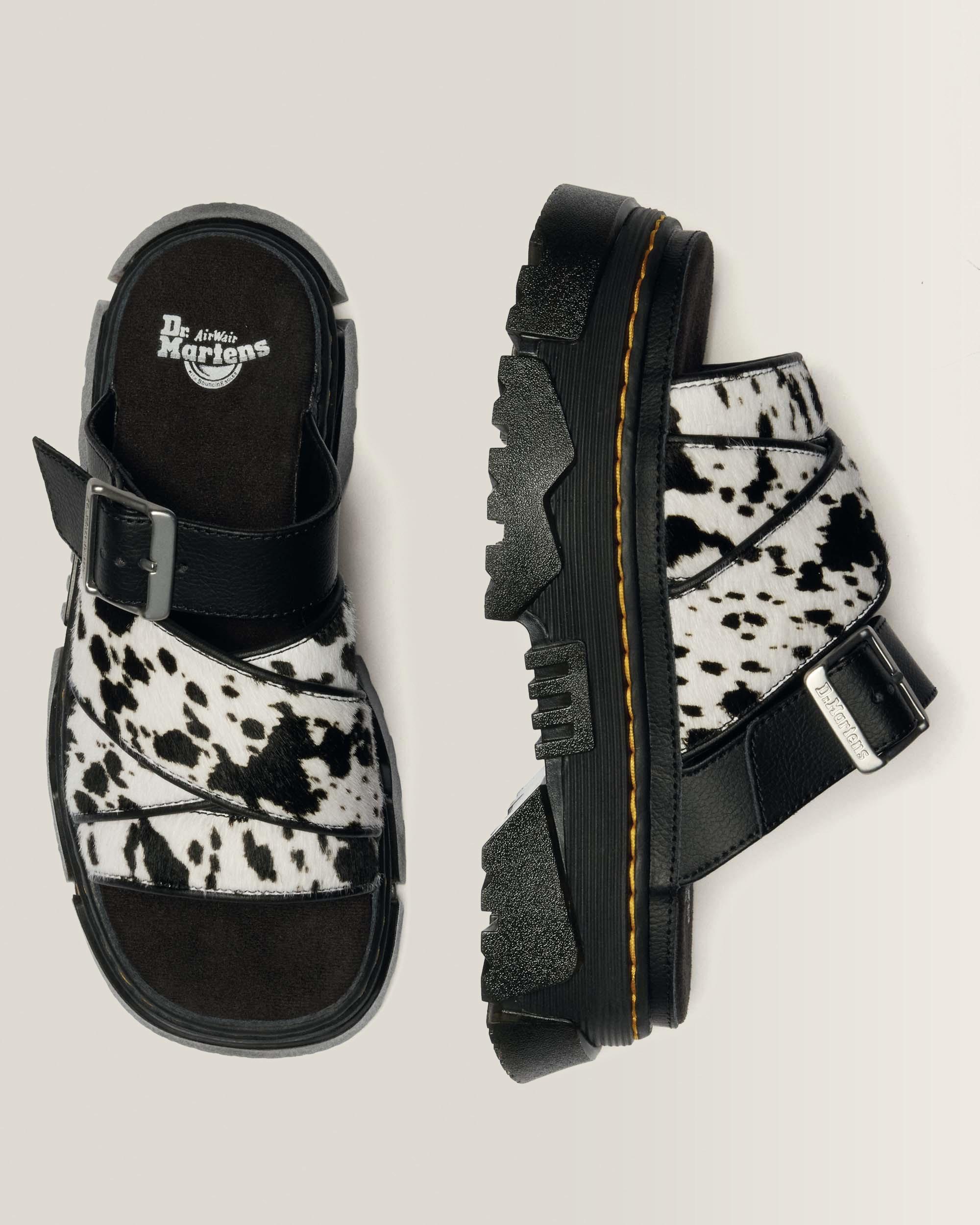 Mattison Slide Dalmatian Hair On Leather Sandals in Cream+black