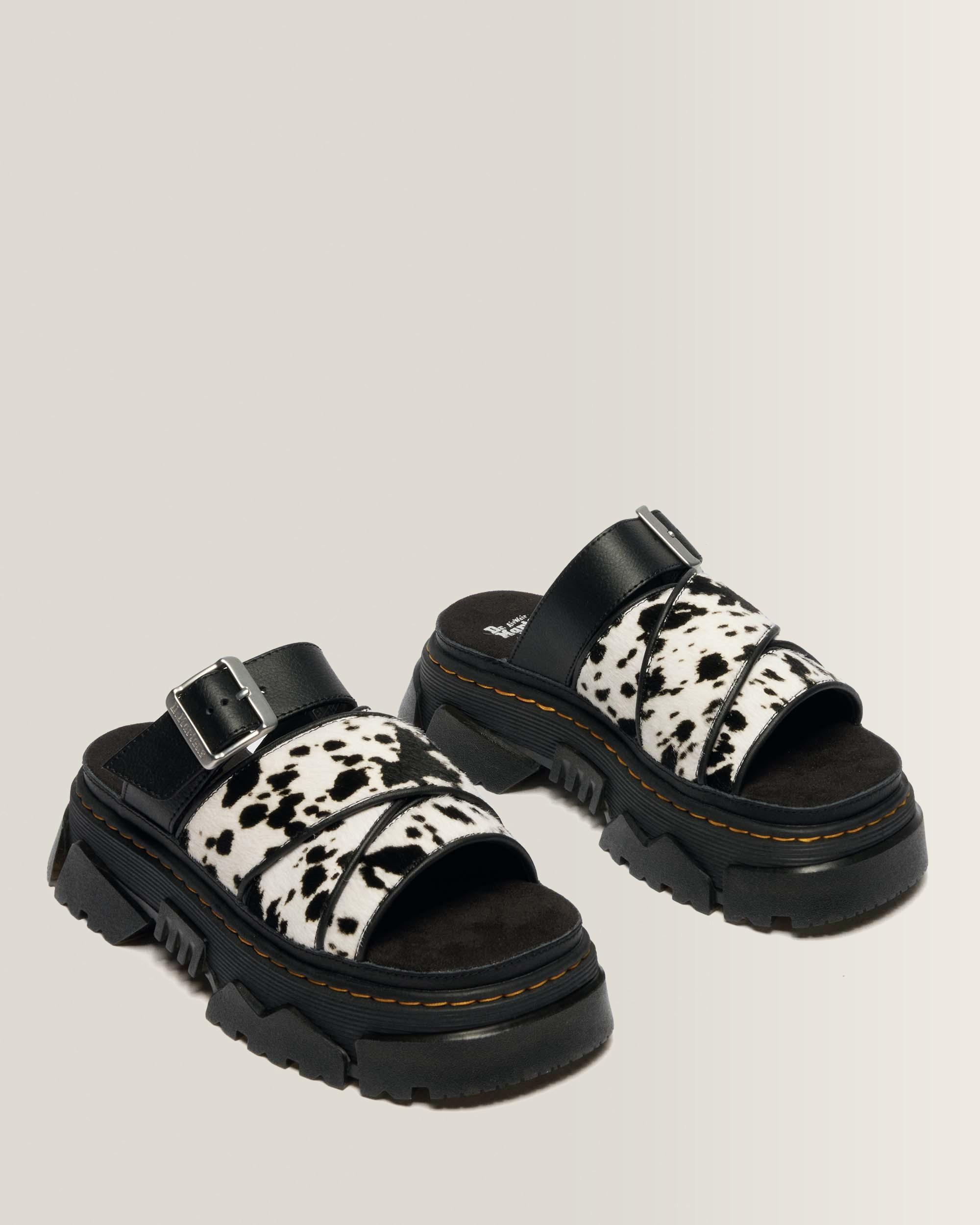 Mattison Slide Dalmatian Hair On Leather Sandals in Cream+black