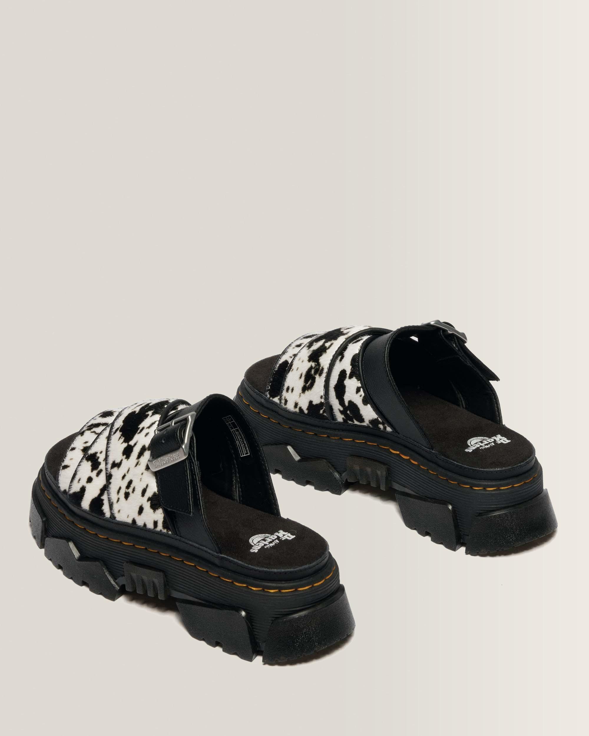 Mattison Slide Dalmatian Hair On Leather Sandals in Cream+black