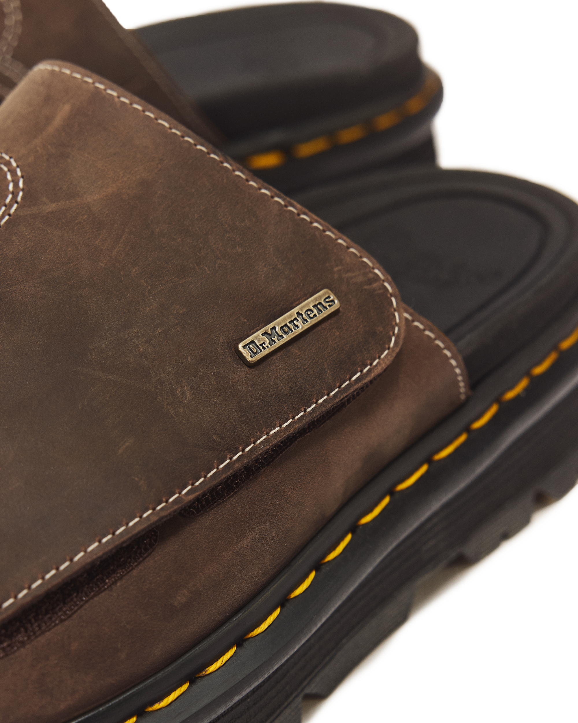 Zebzag Flower Crazy Horse Leather Slides in Dark Brown | Dr. Martens™