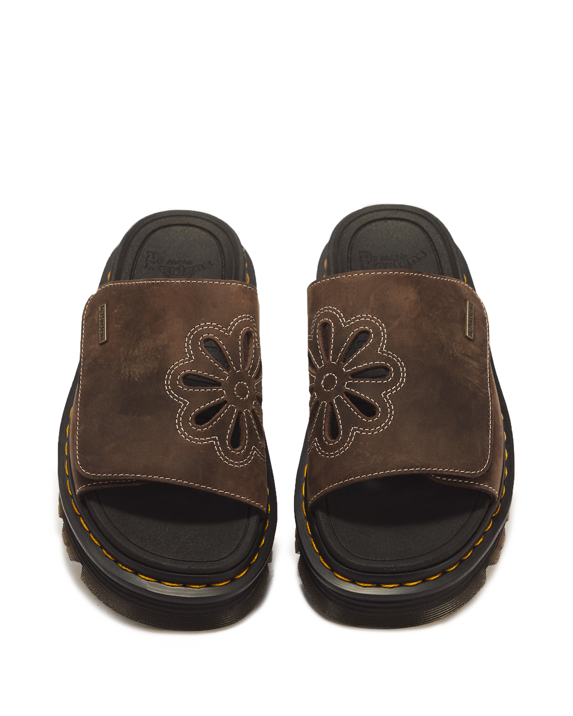 Zebzag Flower Crazy Horse Leather Slides in Dark Brown | Dr. Martens™