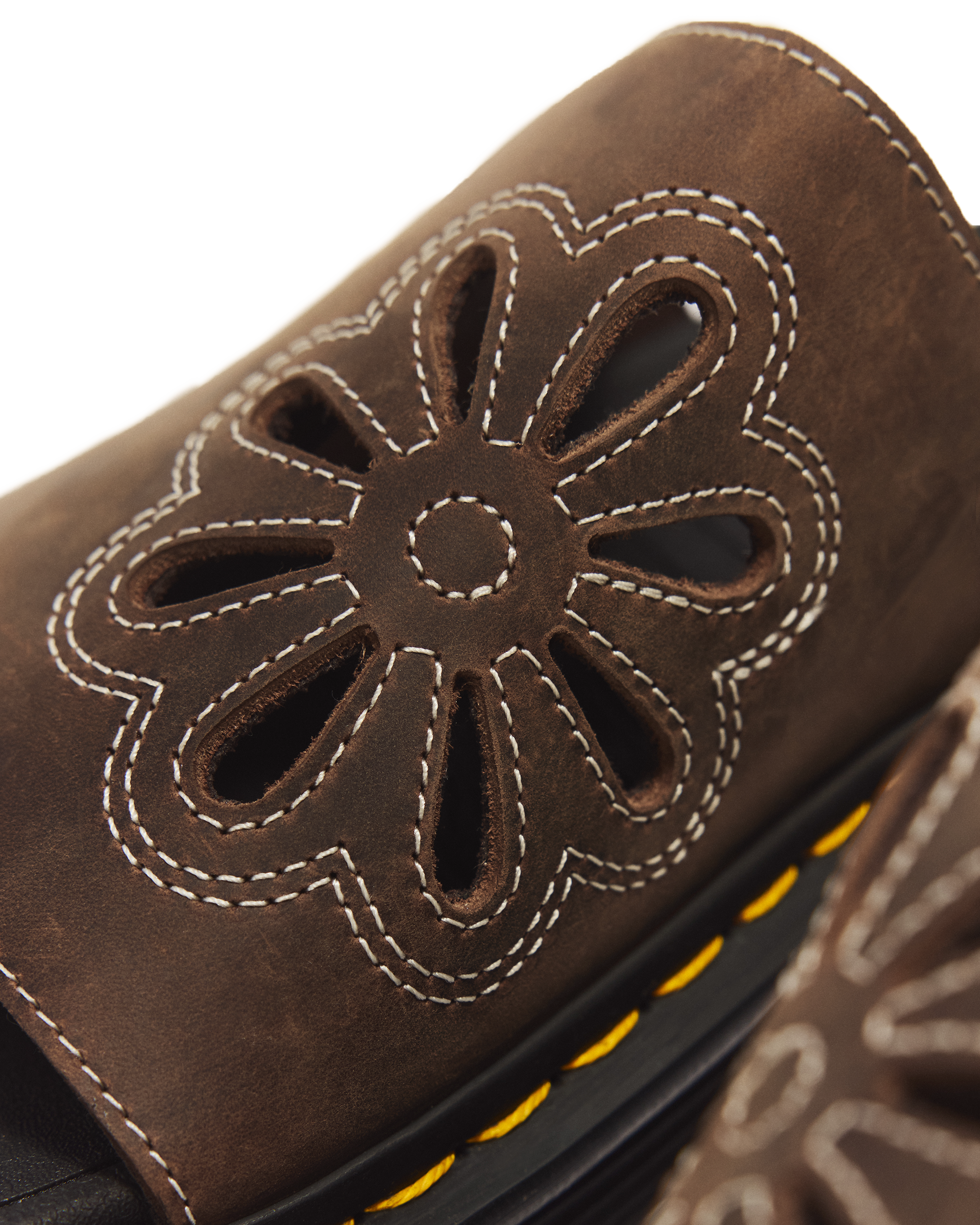 Zebzag Flower Crazy Horse Leather Slides in Dark Brown | Dr. Martens™
