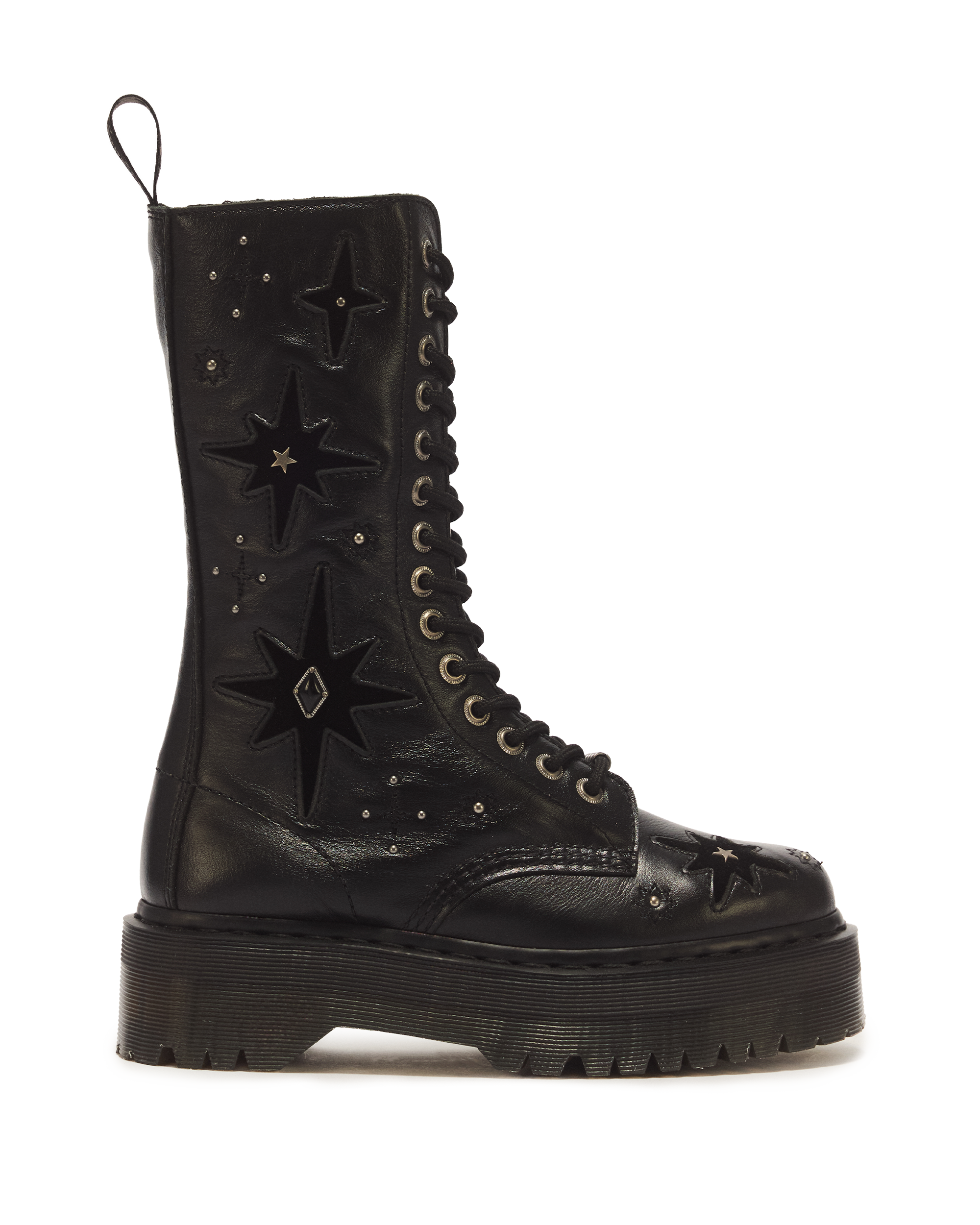1B99 Whimsigoth 14 Eye Leather & Velvet Lace Up Boots in BLACK