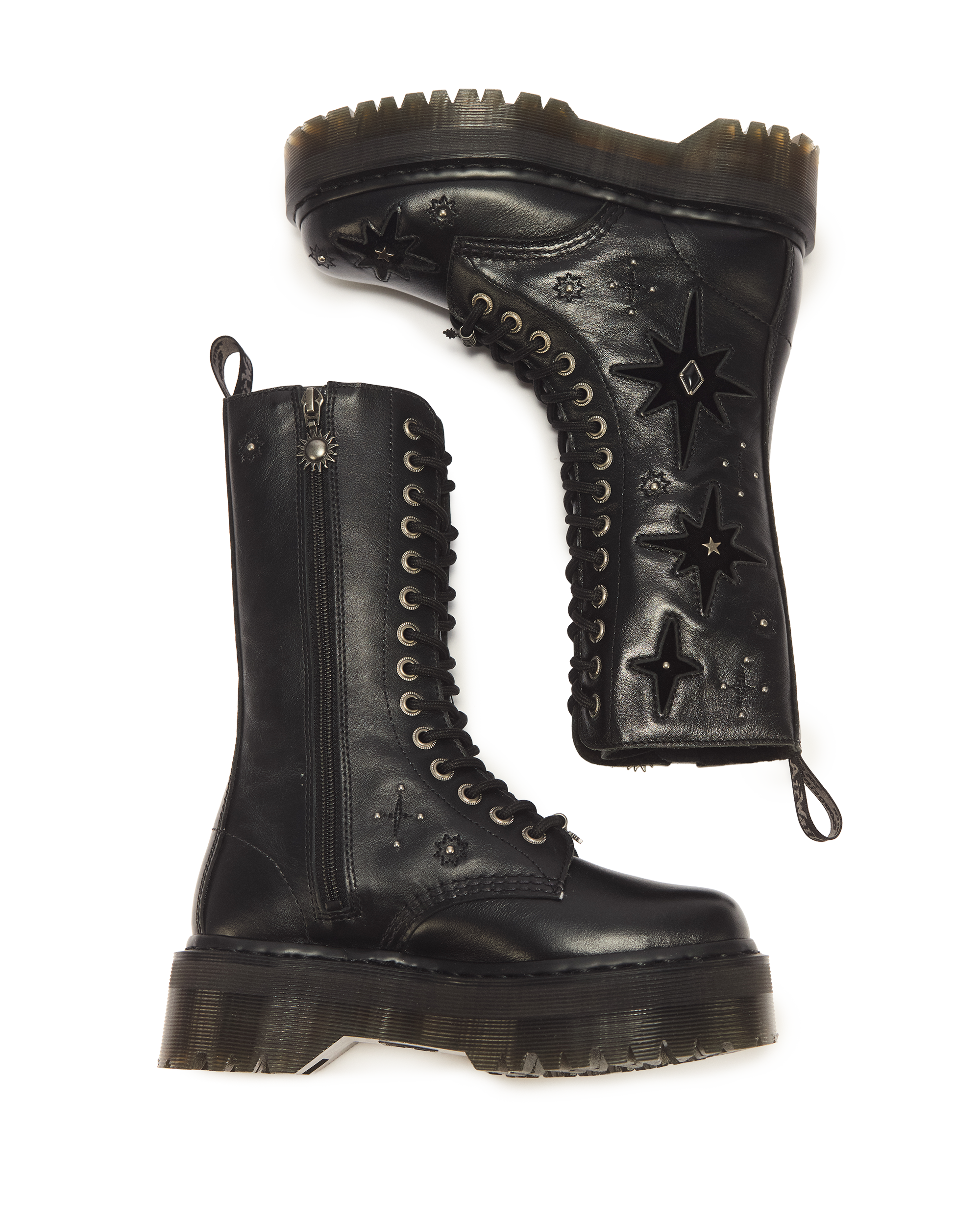 1B99 Whimsigoth 14 Eye Leather & Velvet Lace Up Boots in BLACK