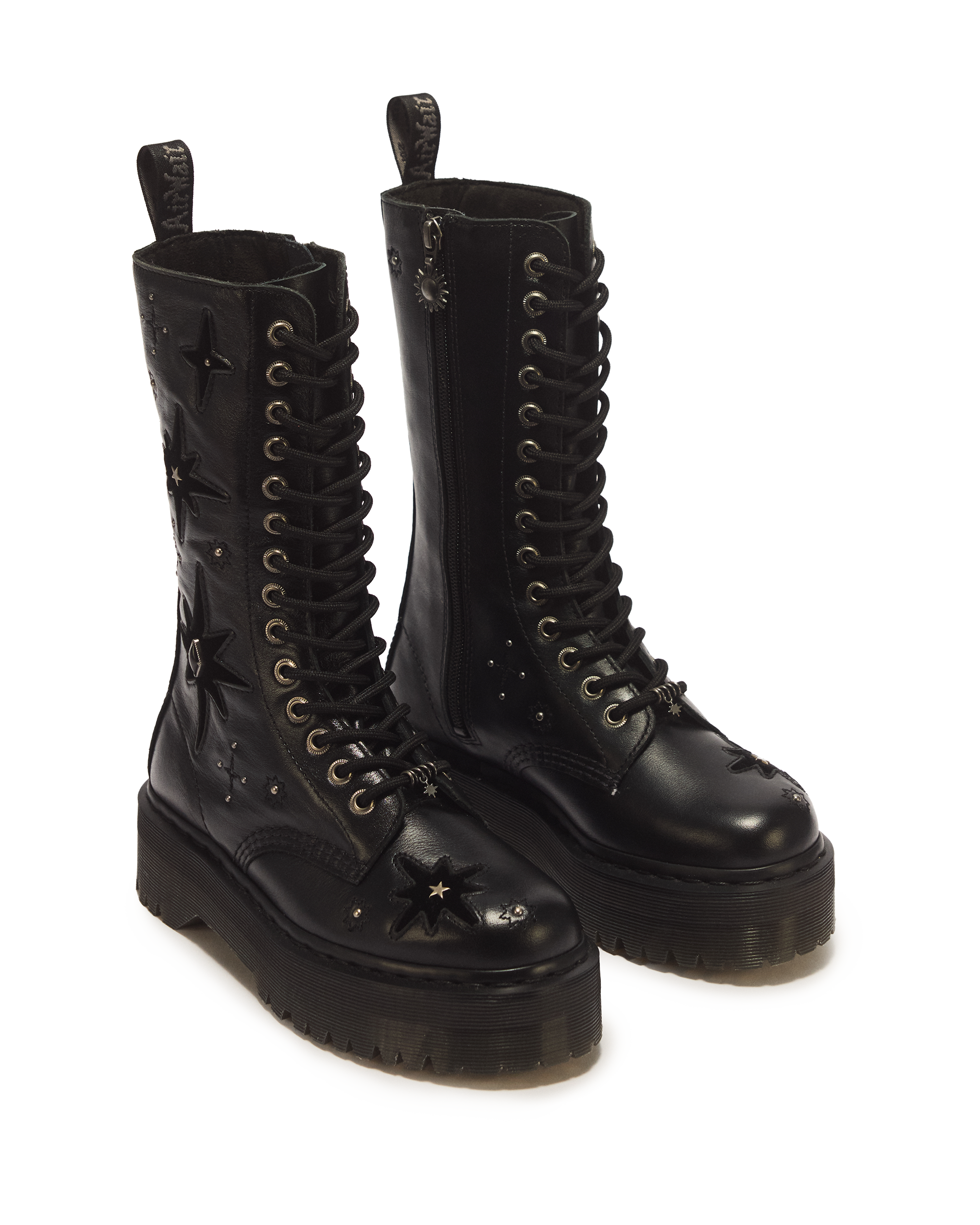 1B99 Whimsigoth 14 Eye Leather & Velvet Lace Up Boots in BLACK