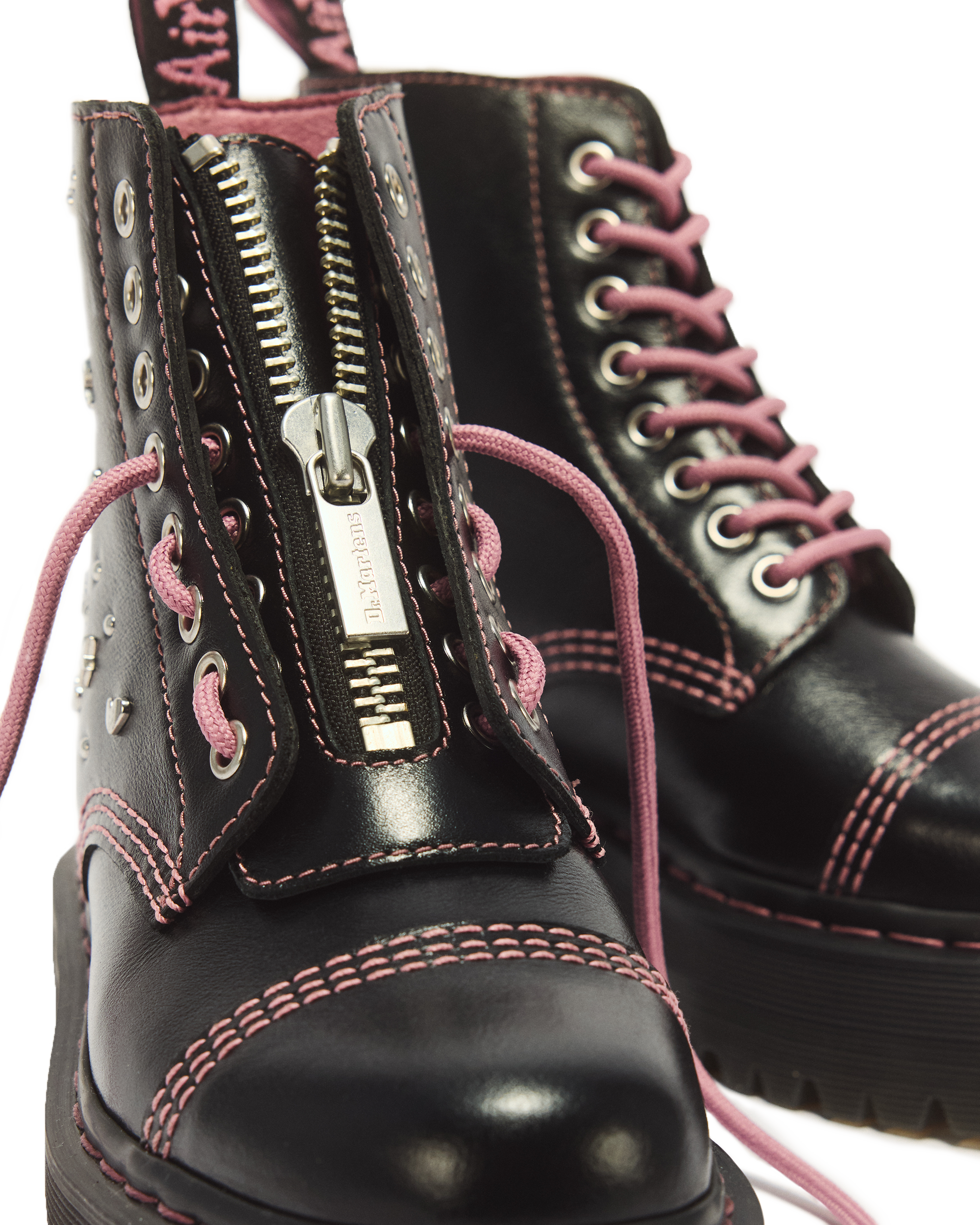 Sinclair Hearts & Stars 8 Eye Leather Platform Boots in BLACK | Dr