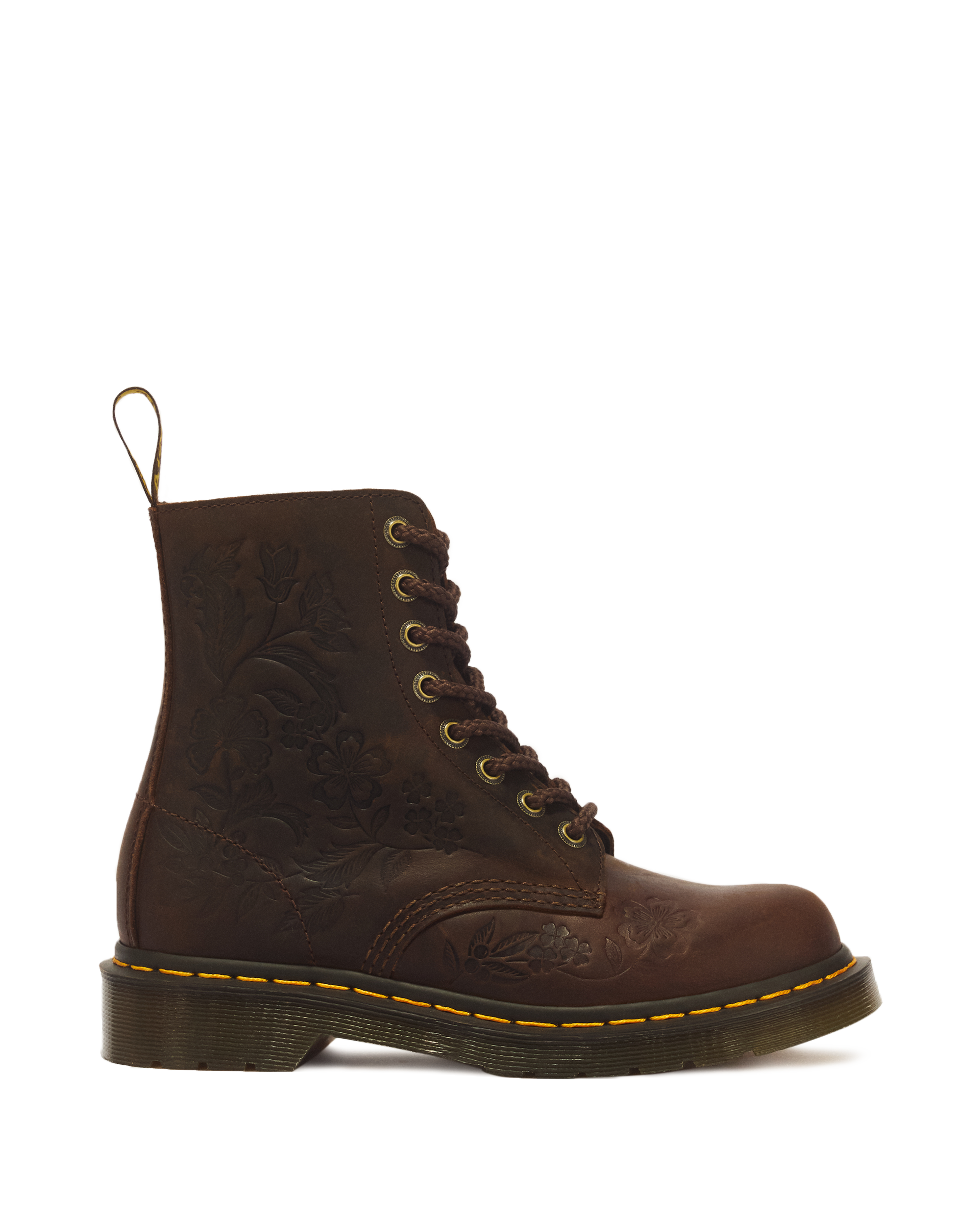 1460 Pascal Deboss Floral 8 Eye Crazy Horse Leather Boots in DARK
