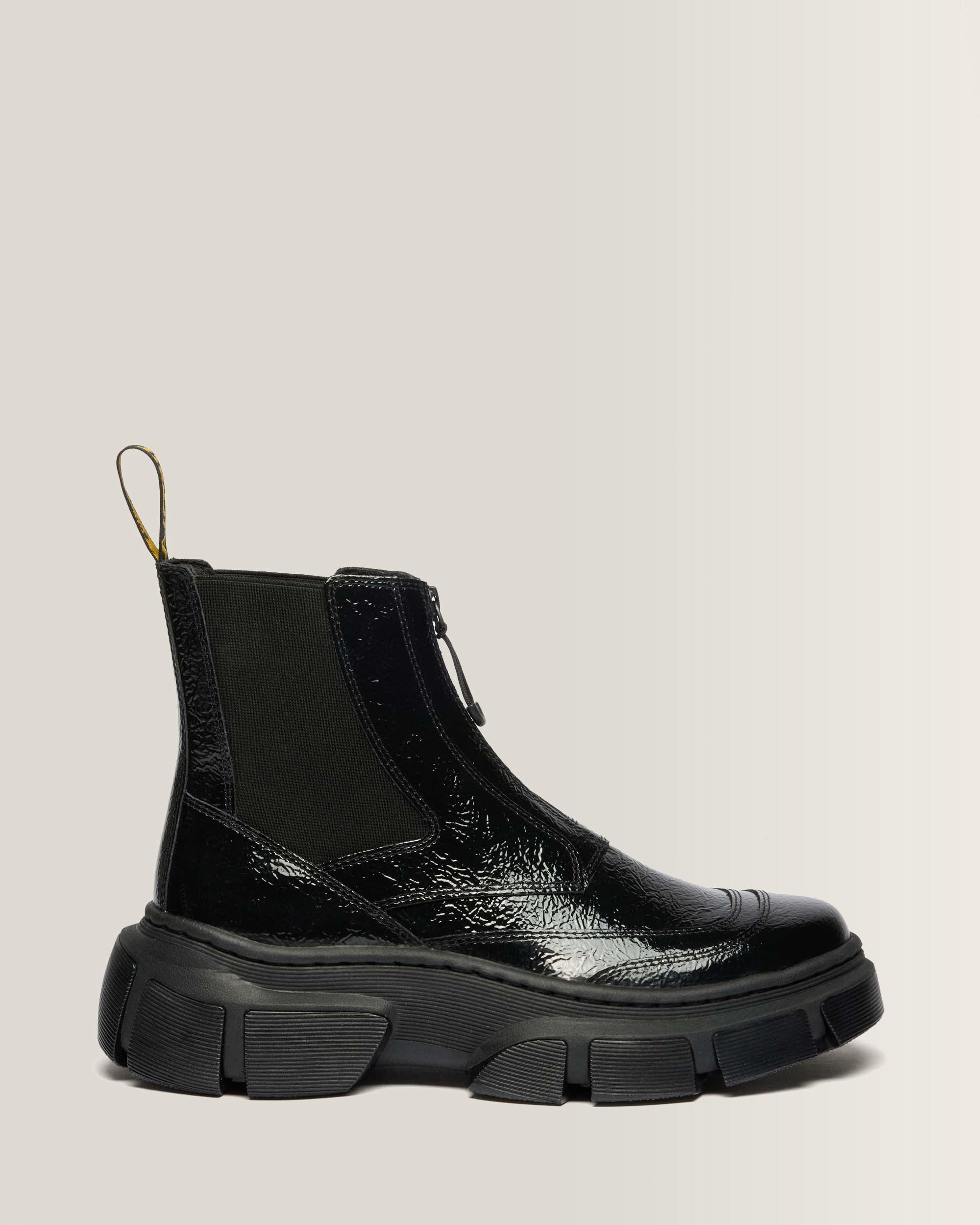 DMXL Distressed Patent Leather Chelsea Boots