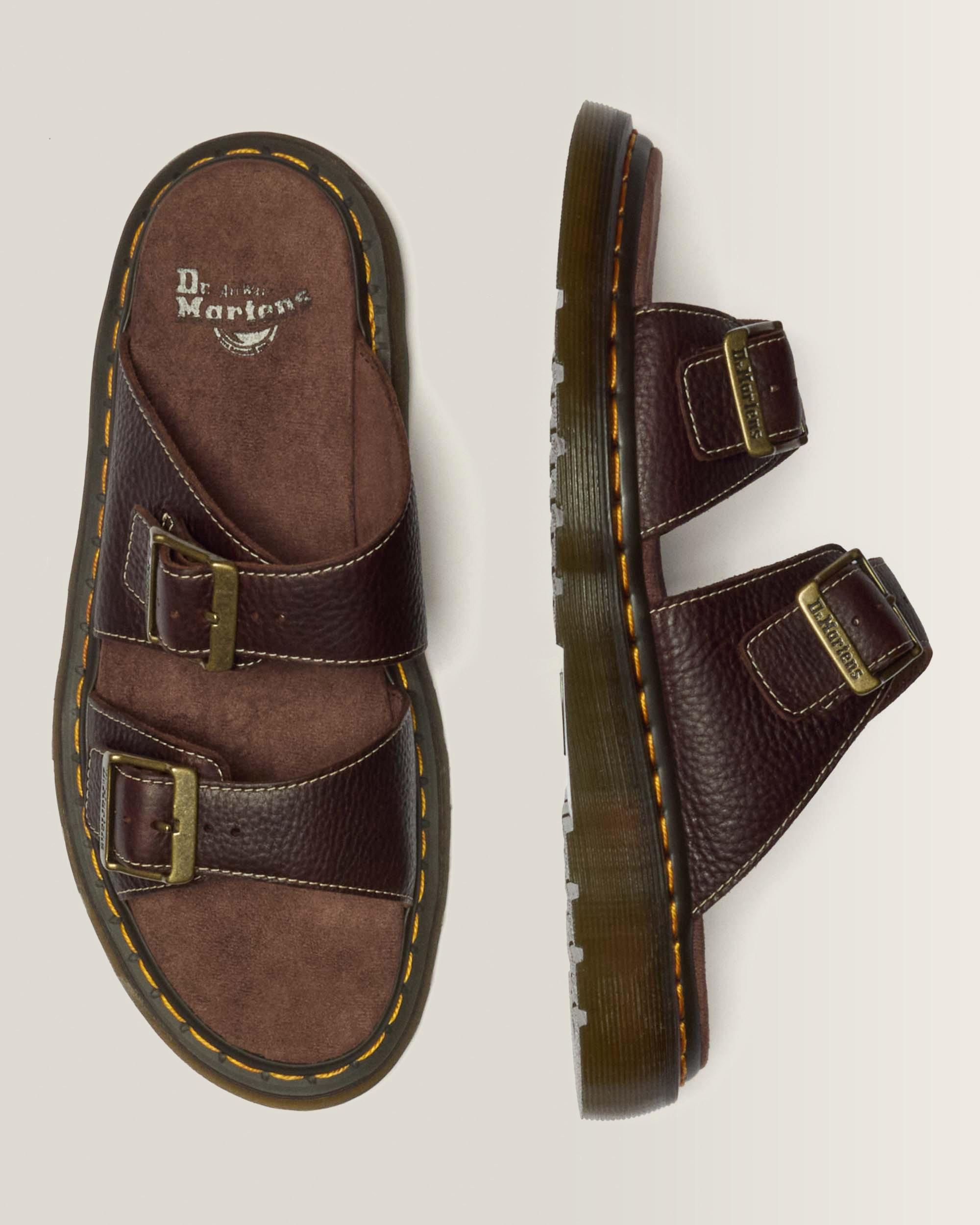 Josef Slide Grizzly Leather Sandals in Dark Brown | Dr. Martens™