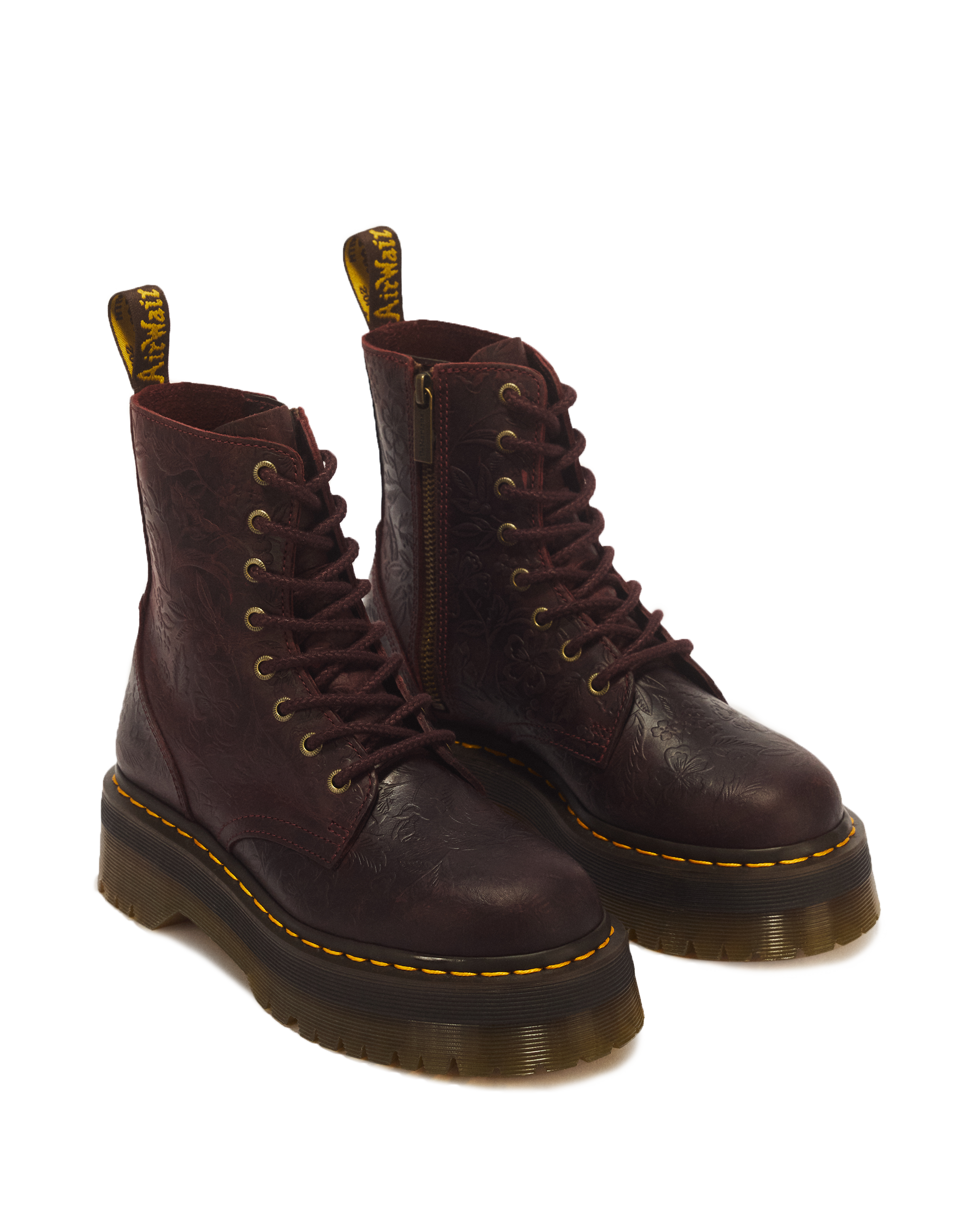 Jadon Floral Emboss Crazy Horse Leather Platform Boots in CHERRY