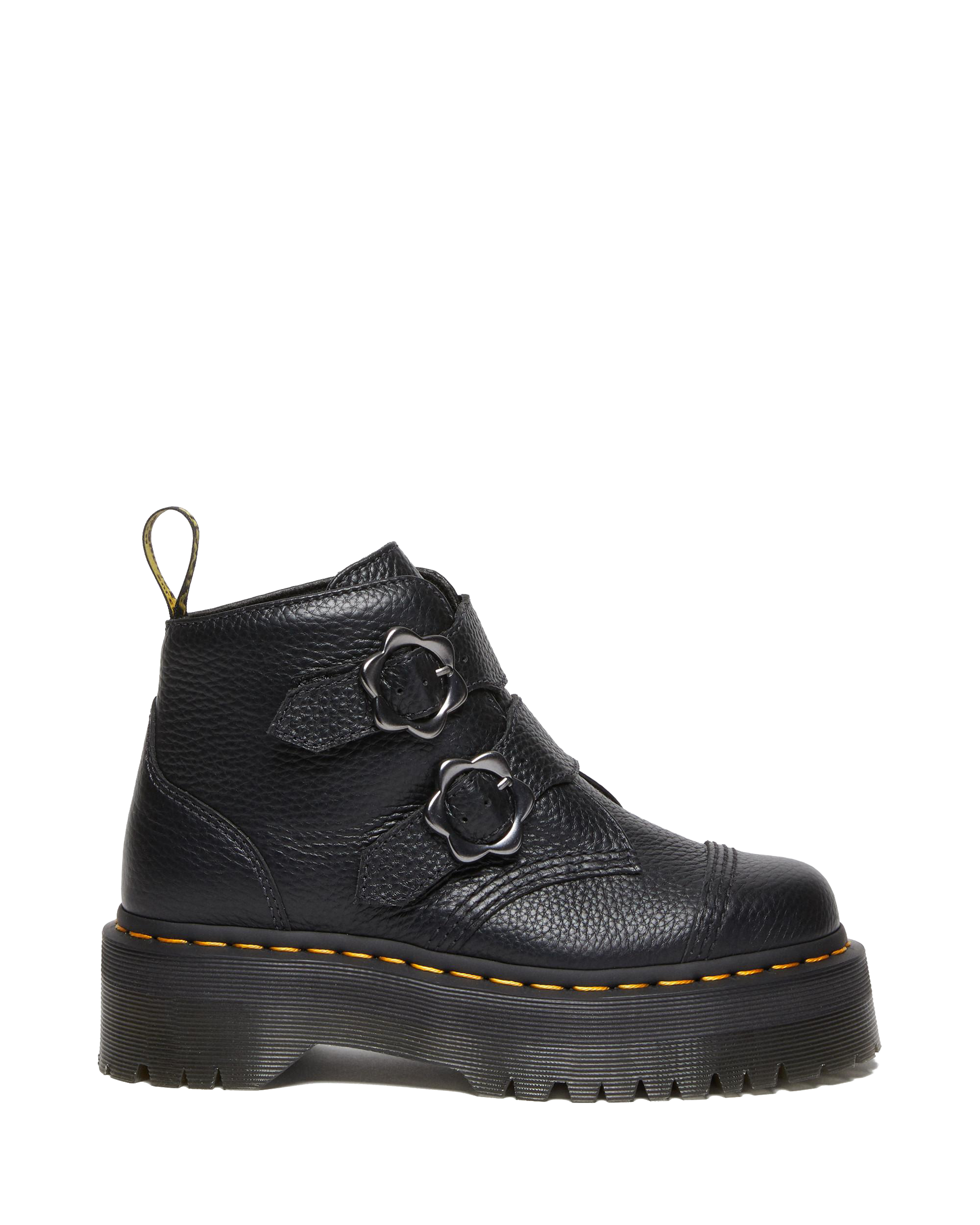 Devon Flower Buckle Milled Nappa Leather Platform Boots in Black Devon Flower Buckle Milled Nappa Leather Platform Boots in Black