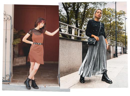 Two styling ideas of combat boots with a dress