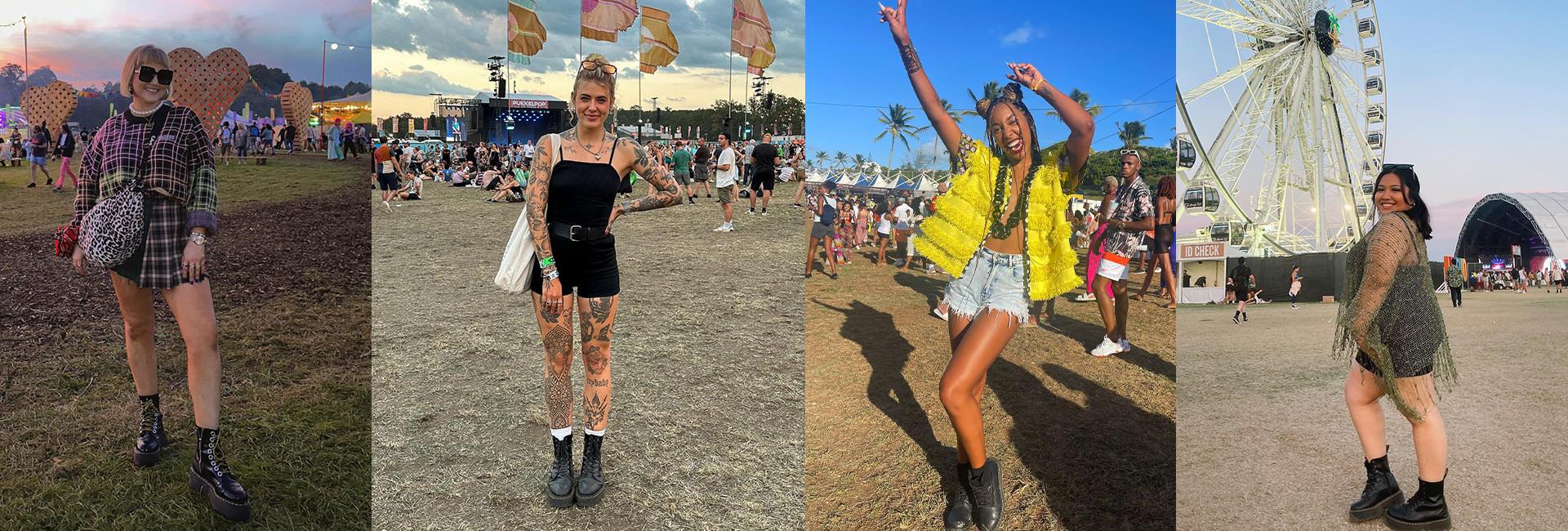 Four festival outfits styled with Dr. Martens Boots in Black