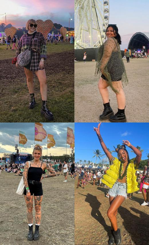 Four festival outfits styled with Dr. Martens Boots in Black