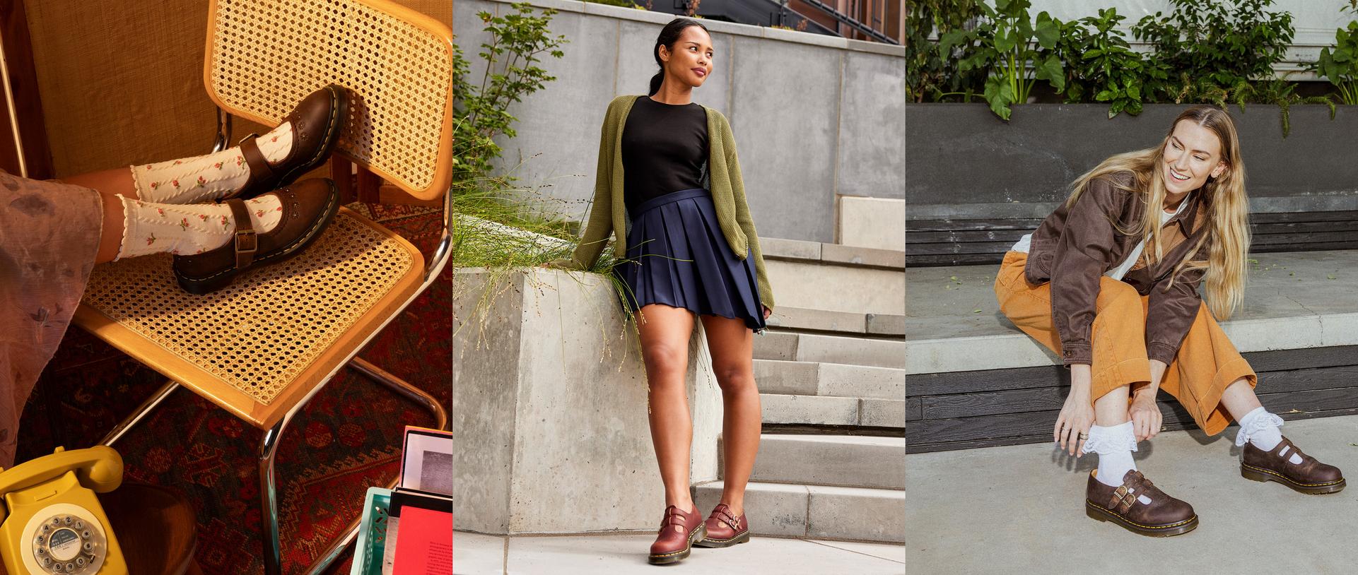 Three outfit ideas styling Dr. Martens mary jane flats