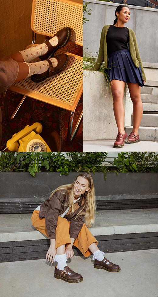 Three outfit ideas styling Dr. Martens mary jane flats
