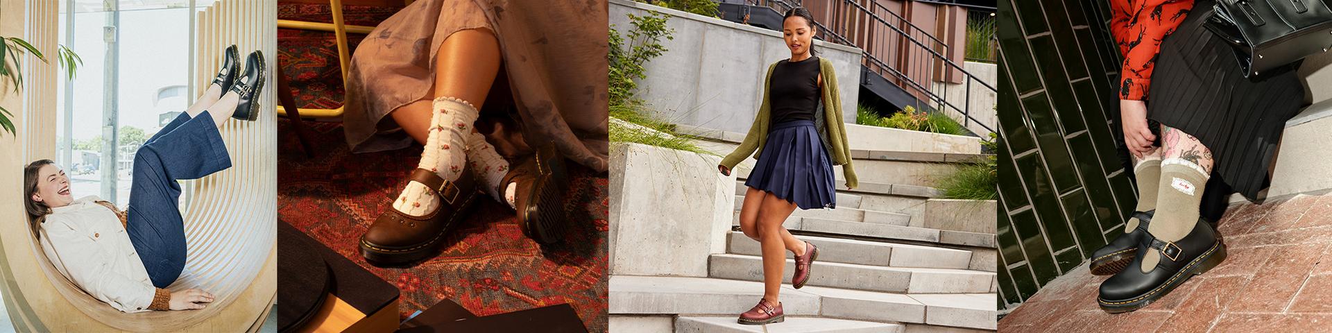 Banner featuring four outfit ideas styling mary jane shoes