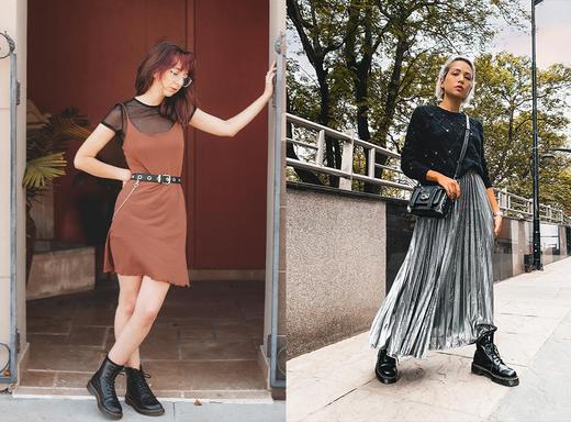 Two styling ideas of combat boots with a dress