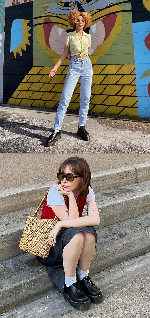 Casual outfit ideas styling jeans, dresses, or skirts with 1461 oxford shoes