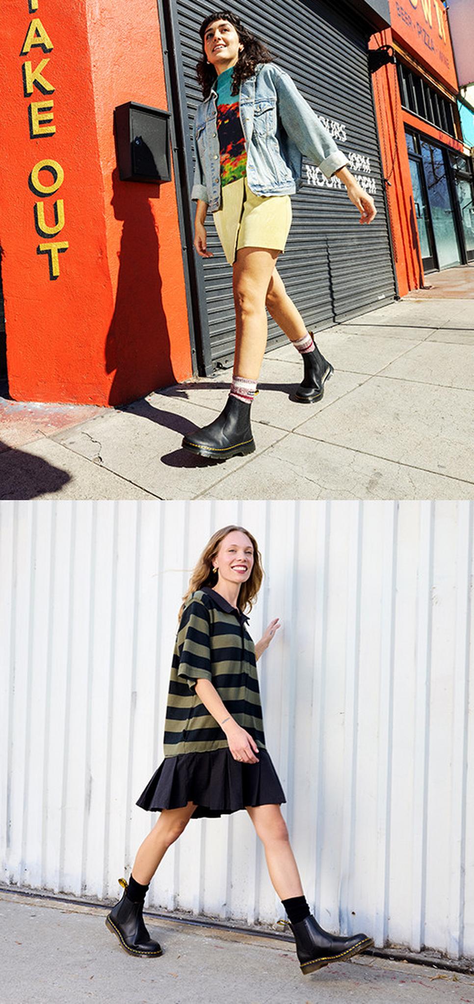 Jean jacket and an oversize t-shirt paired with skirts and styled with chelsea boots