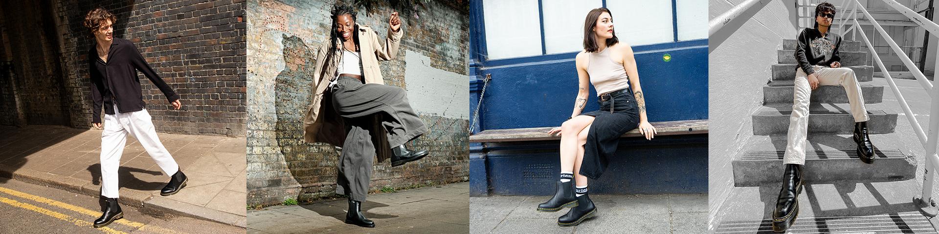 Banner featuring four styling ideas with Dr. Martens chelsea boots

