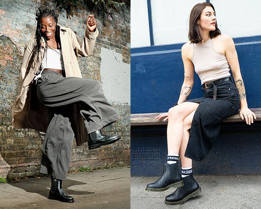 Two outfit ideas styling Dr. Martens chelsea boots
