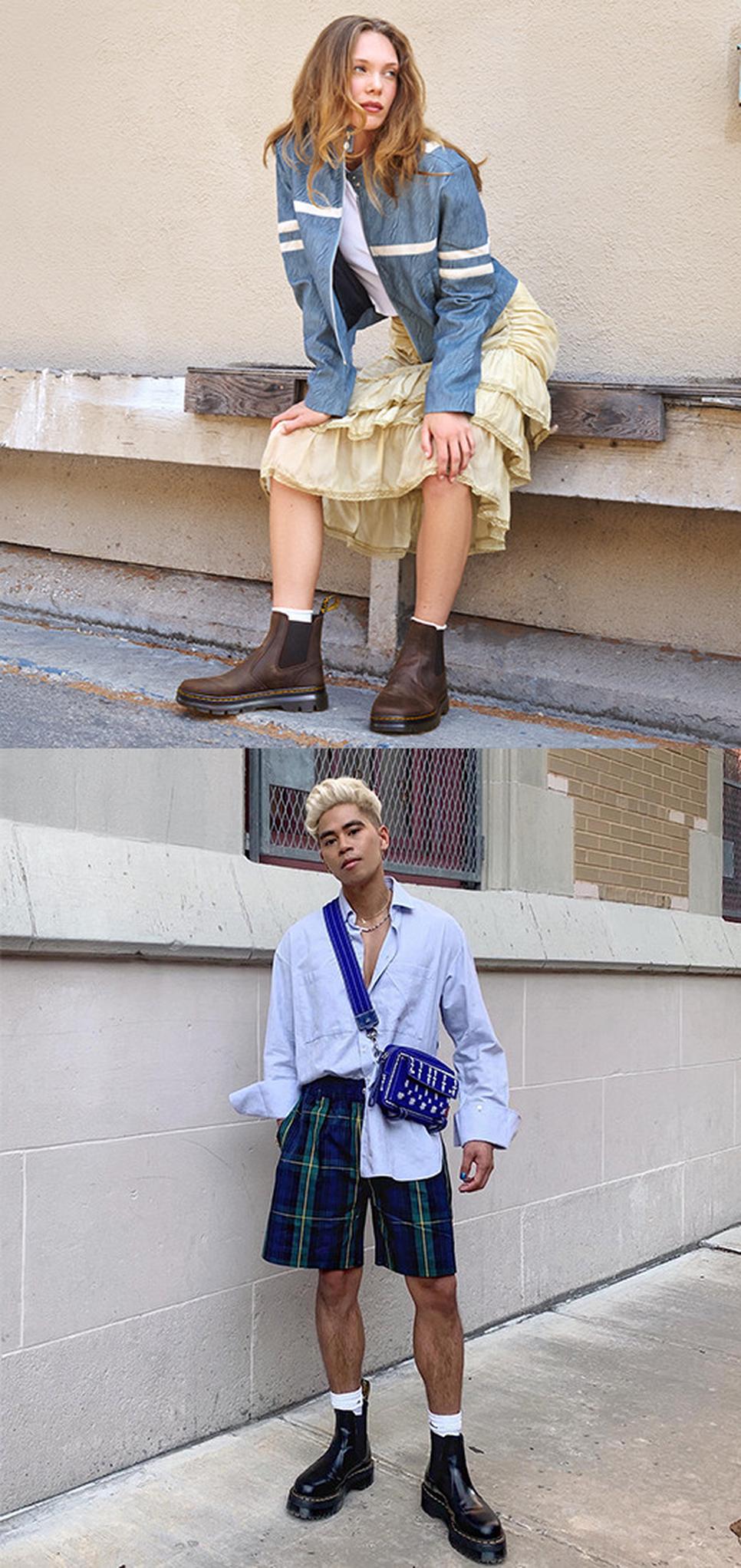 Two trendy outfit ideas styled with Dr. Martens chelsea boots