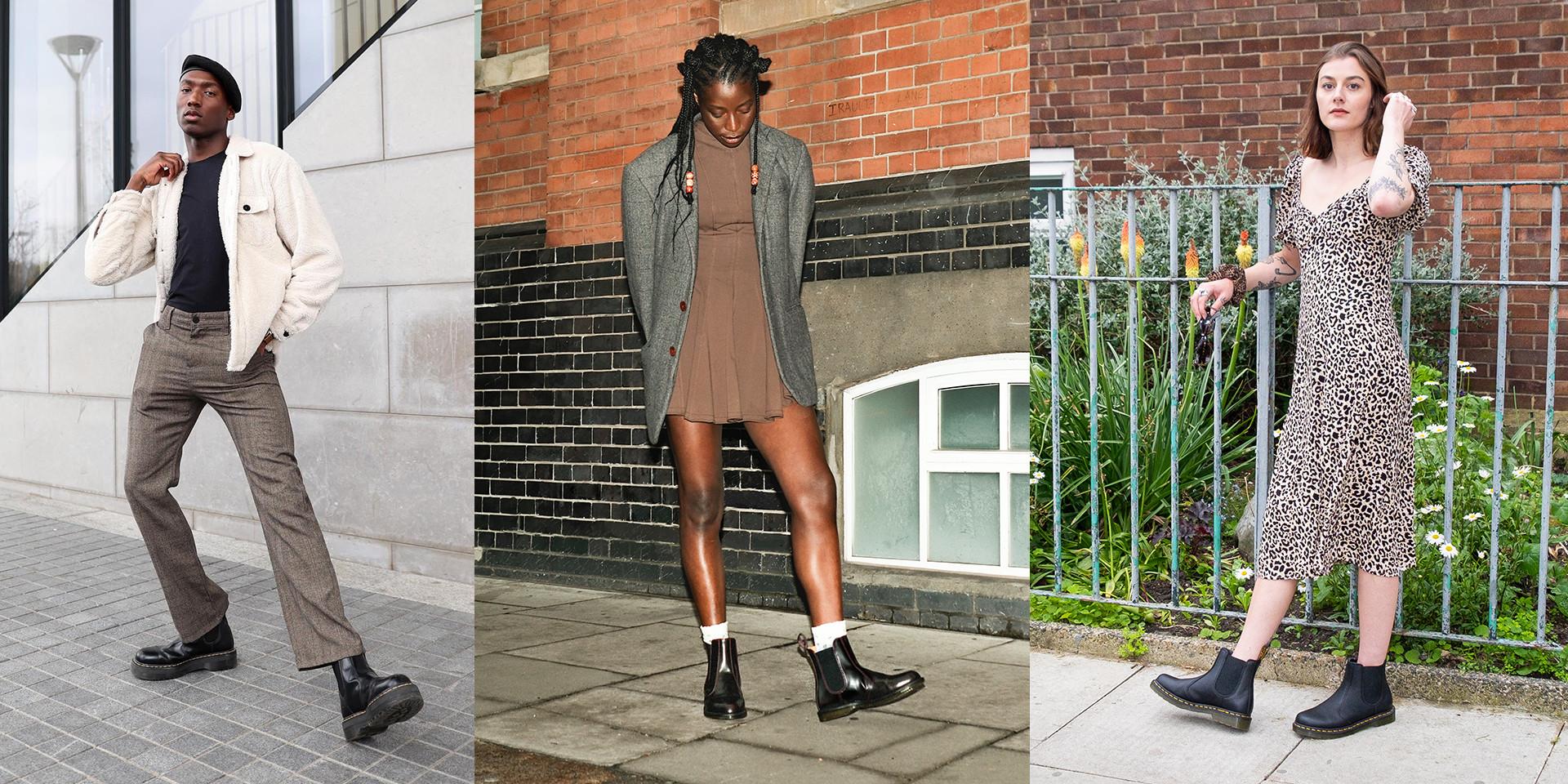 Three dressed-up outfit ideas styled with Dr. Martens chelsea boots