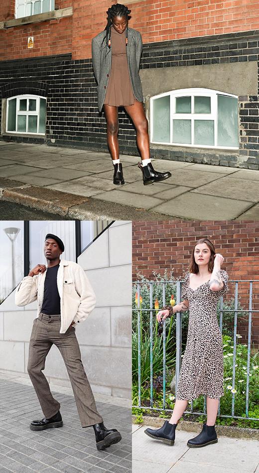 Three dressed-up outfit ideas styled with Dr. Martens chelsea boots
