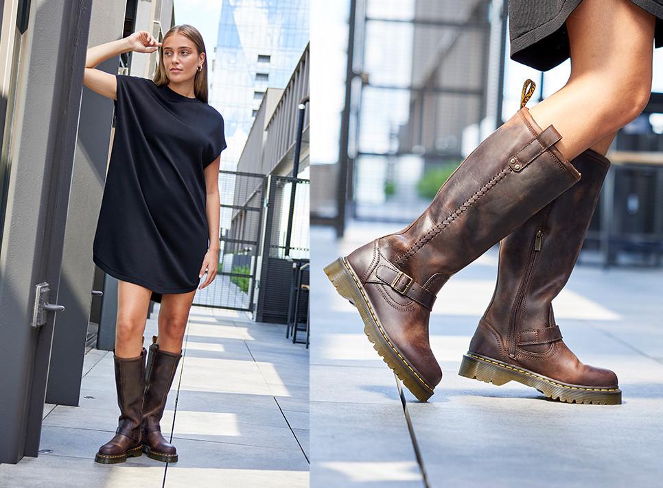 Two styling ideas for biker boots in brown and black