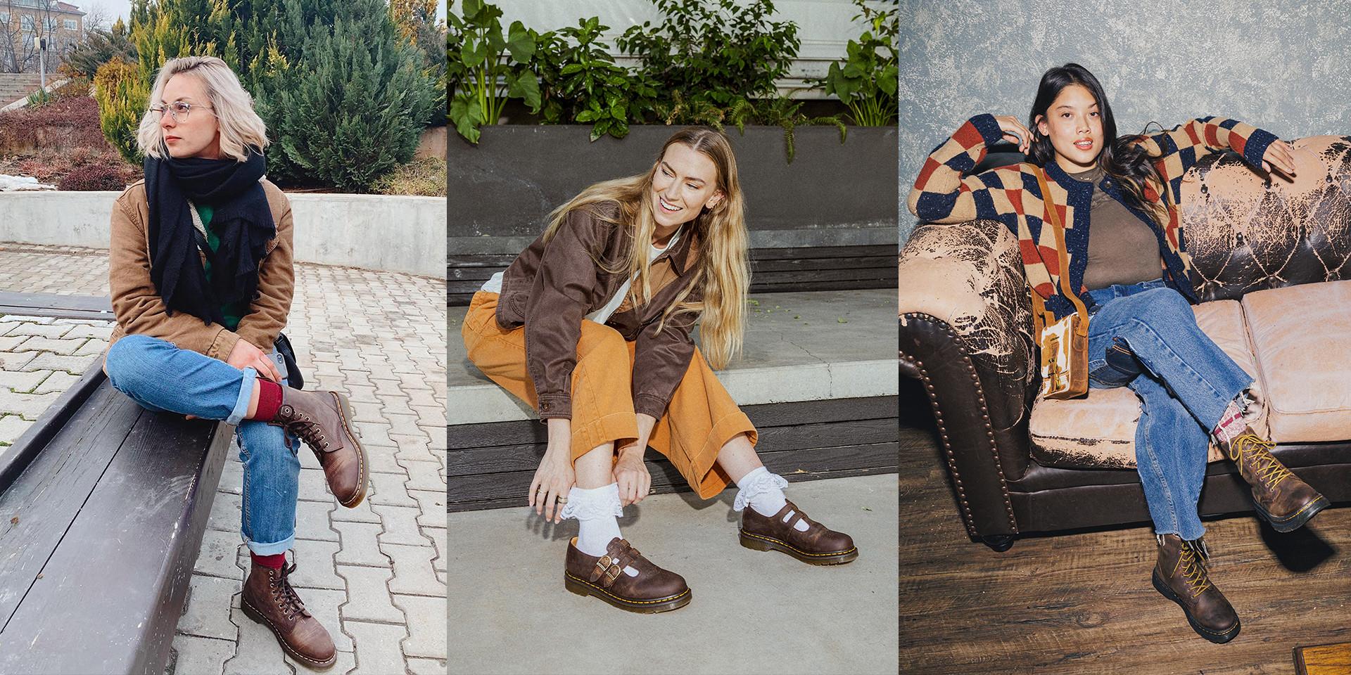 Three people wearing Dr. Martens brown crazy horse leather shoes