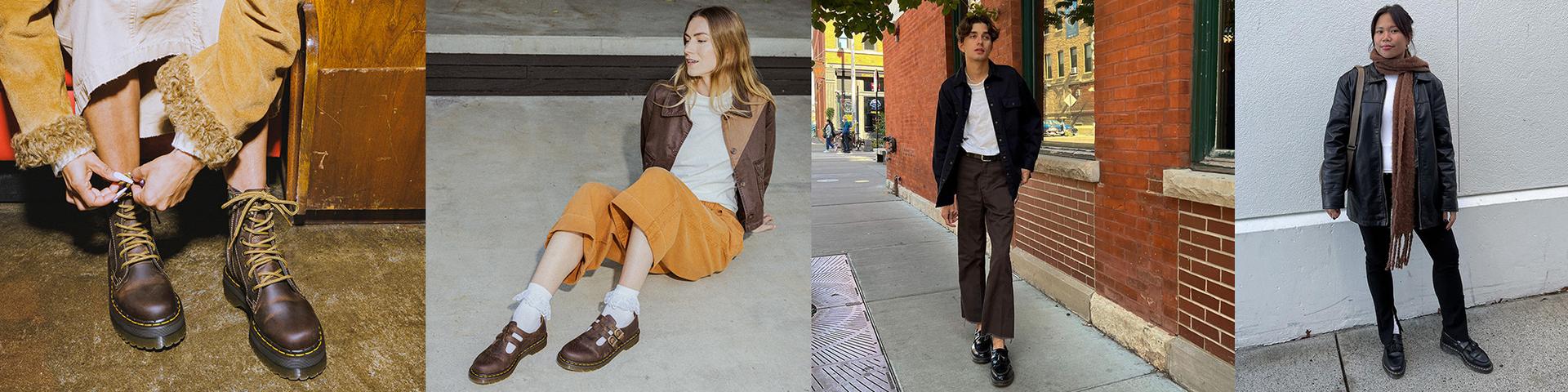 Fall fashion styling banner featuring four different outfits with Dr. Martens
