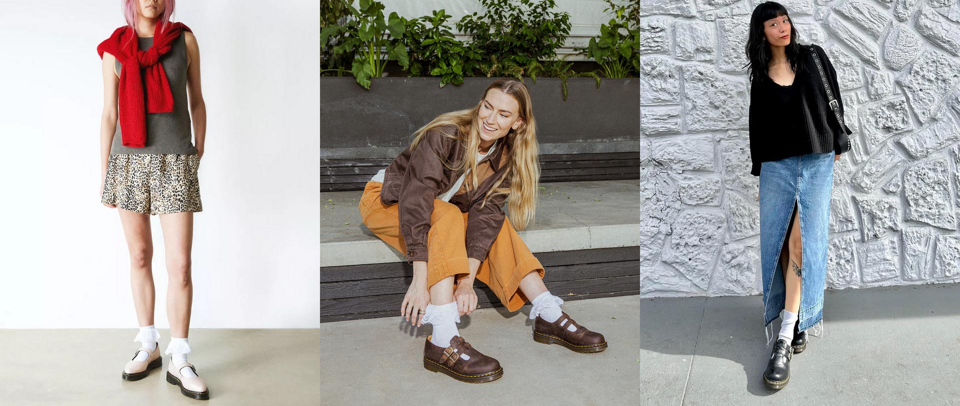 Three outfit ideas styling Dr. Martens mary jane flats