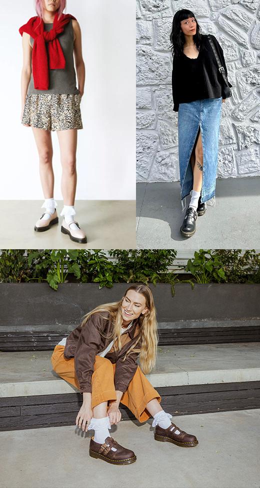 Three outfit ideas styling Dr. Martens mary jane flats

