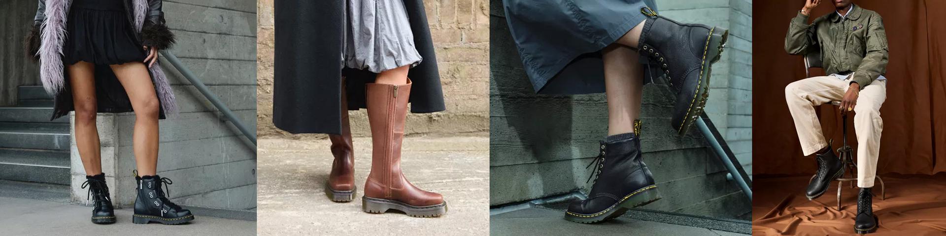 Winter styling banner featuring four Dr. Martens boots
