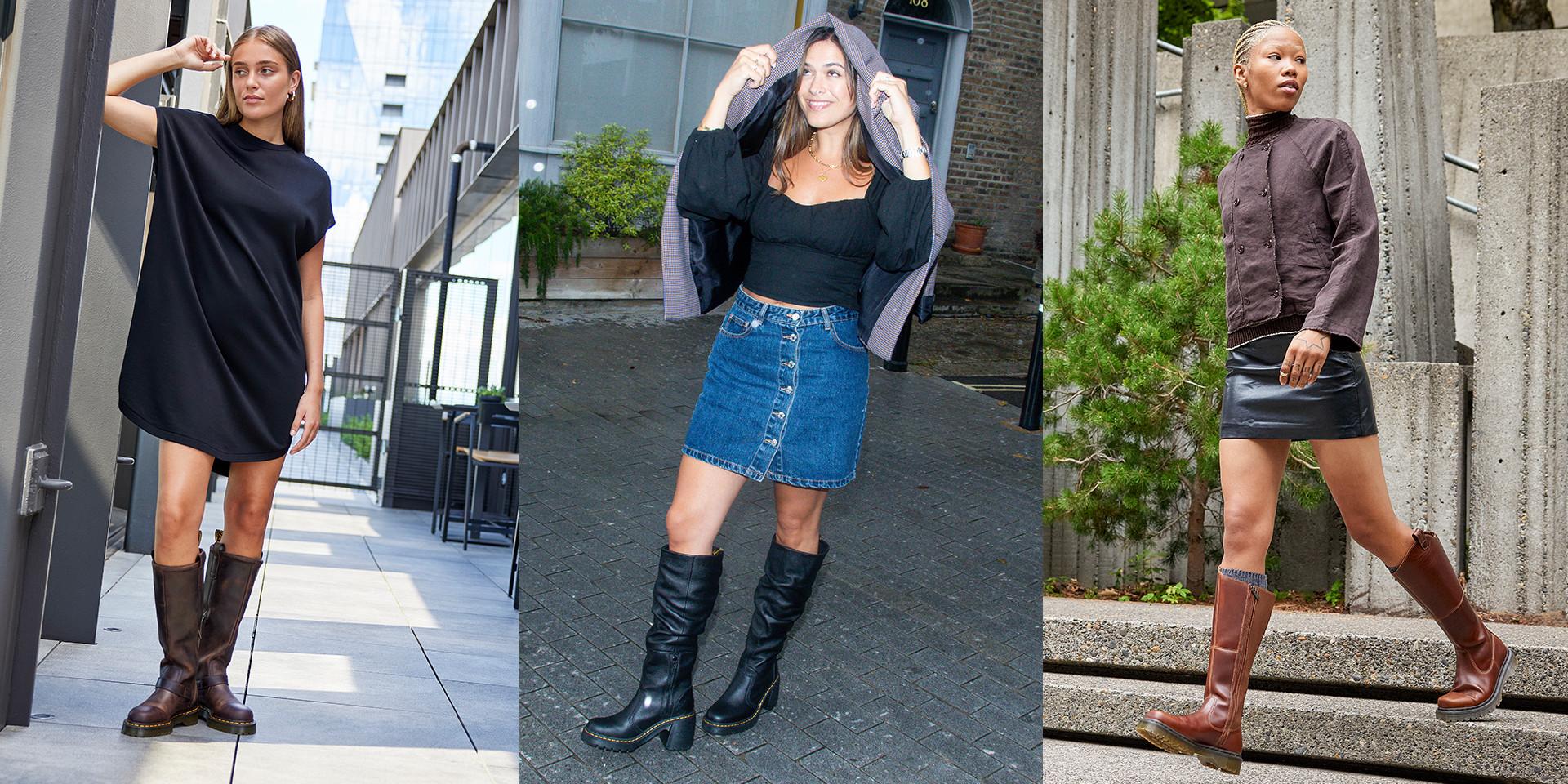 Three people wearing Dr. Martens tall boots outfits