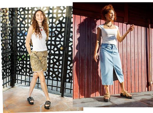 Two summer outfit ideas with slide sandals
