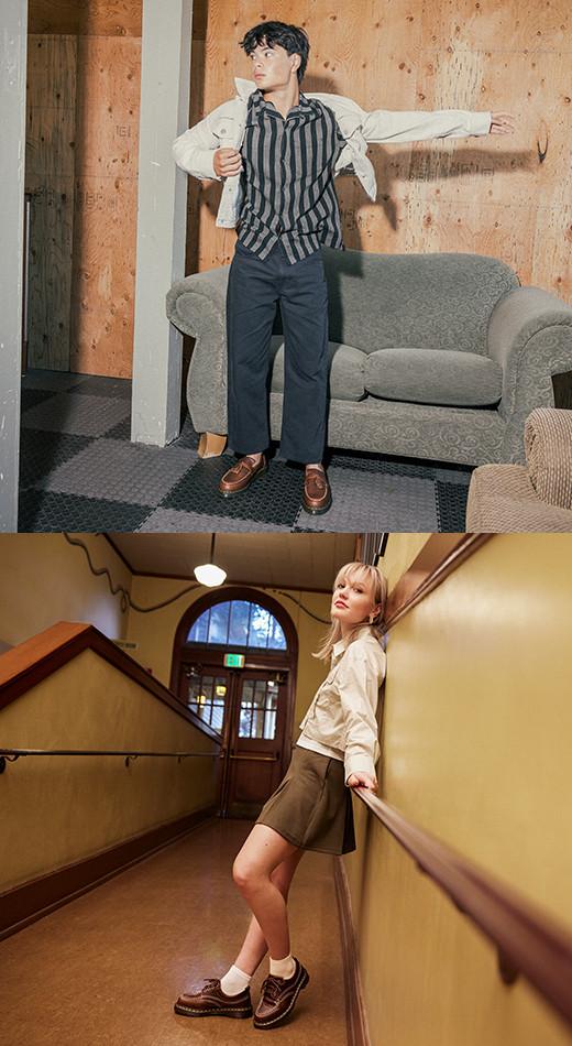 Two outfit ideas with brown loafers, mules, and mary janes
