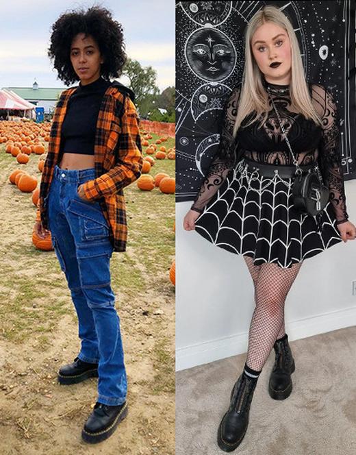 Two Halloween outfit ideas styling Dr. Martens boots and shoes