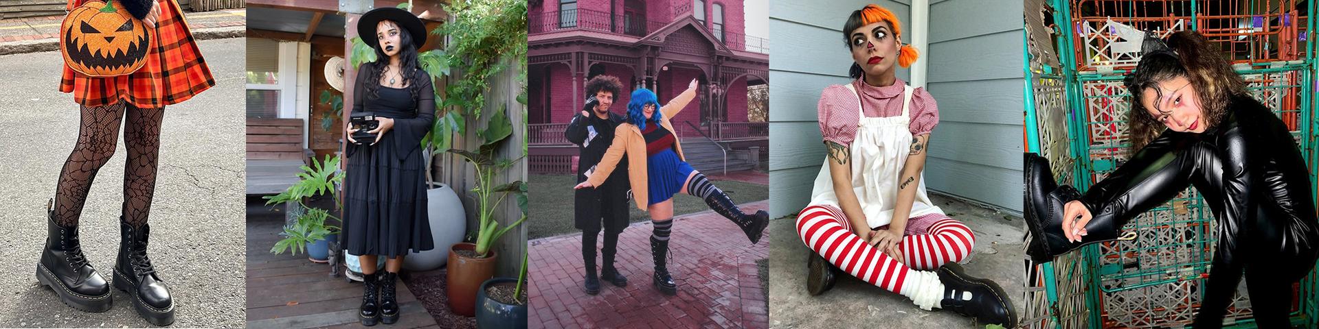 Halloween styling banner featuring five costume ideas worn with Dr. Martens