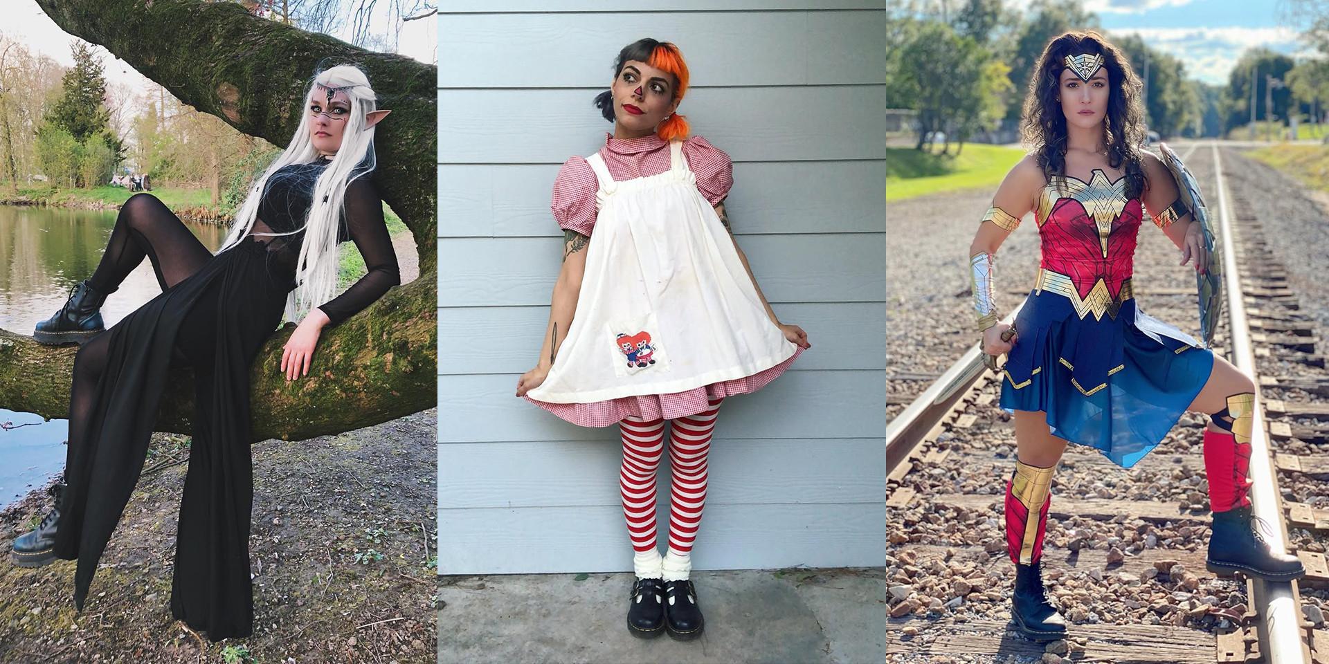 Three stylish costume ideas worn with Dr.Marten black boots and shoes