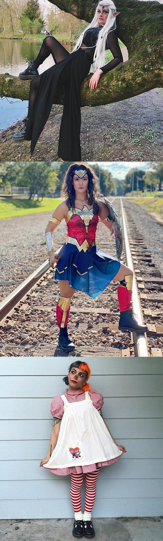 Three stylish costume ideas worn with Dr.Marten black boots and shoes
