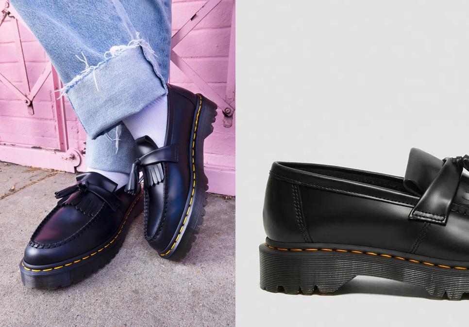 Black Bex loafers leg down image worn with jeans and white socks
