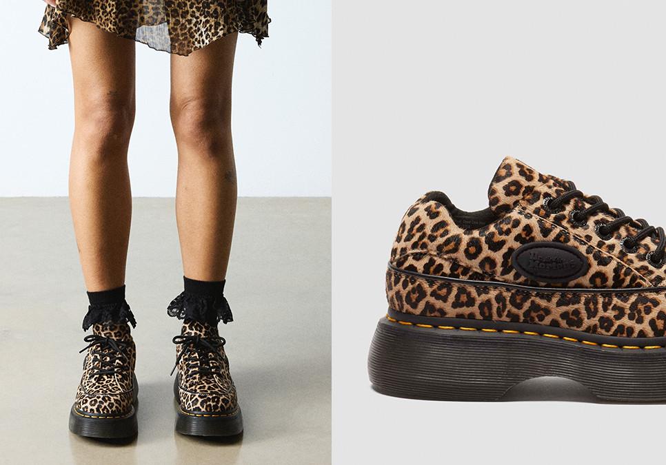 Leopard print Buzz platform shoes leg down image worn with frilly socks
